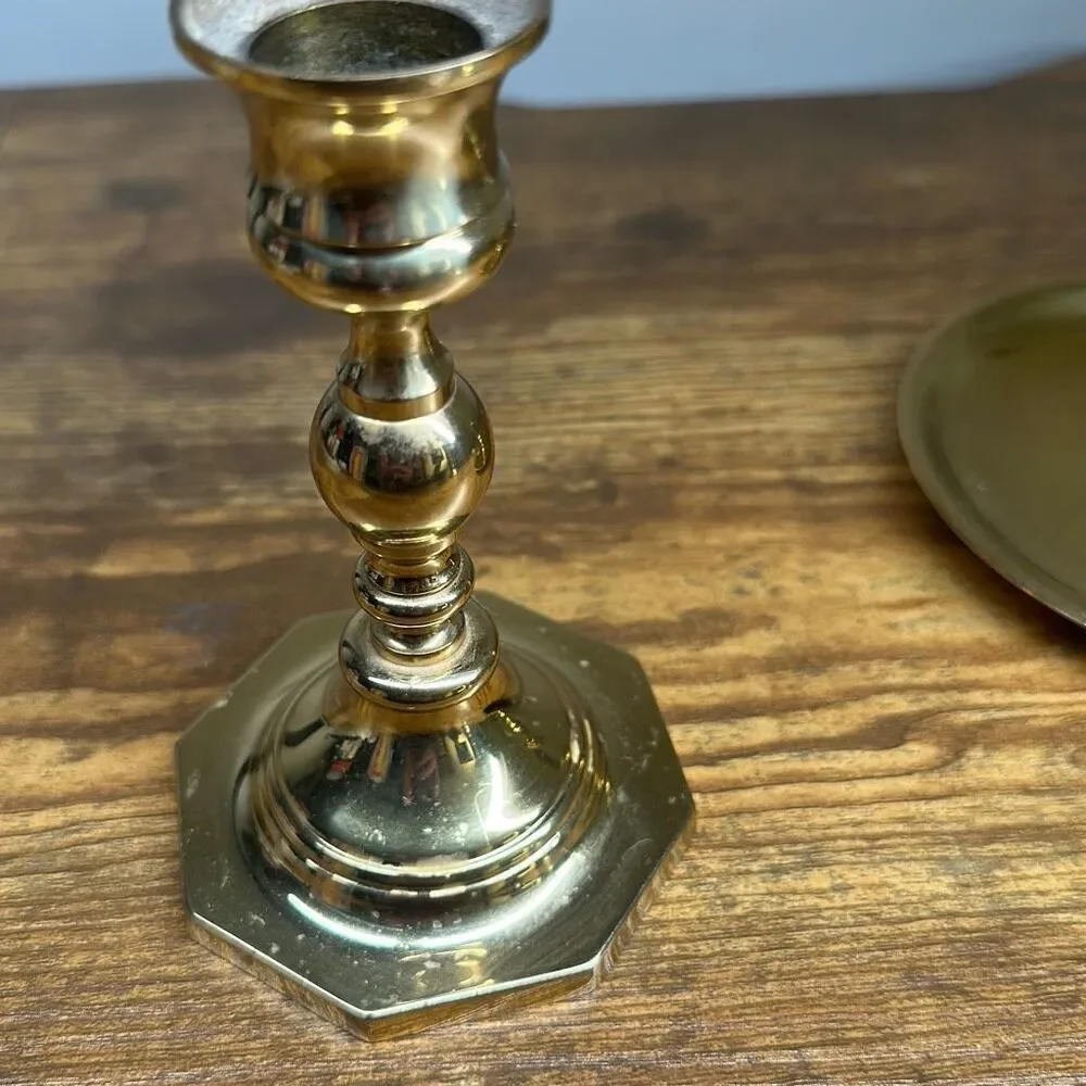 5” Shiny Brass Taper‎ Candlestick Holder and Chamberstick with Finger Loop set 2
